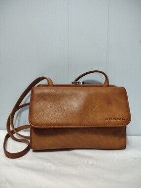 Vintage Fossil Tan Leather Crossbody Organizer Wallet Kisslock All In One